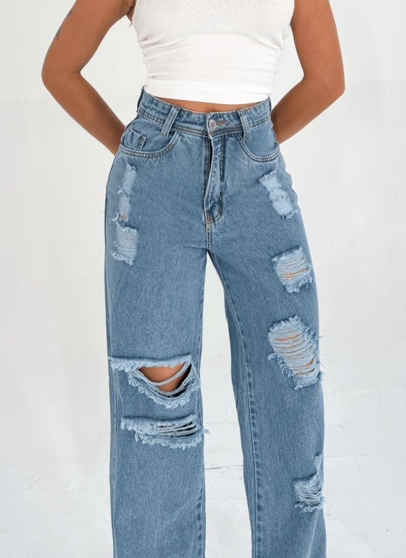 Calça Jeans Feminina Pantalona Wide Leg Destroyed