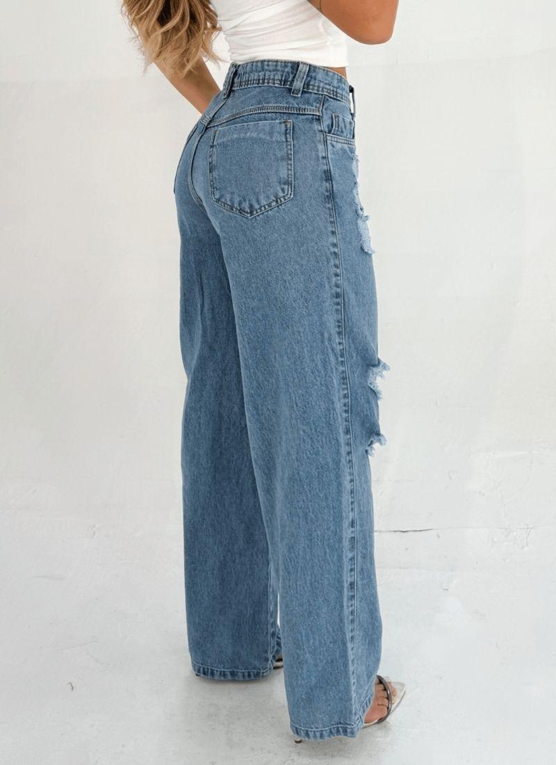 Calça Jeans Feminina Pantalona Wide Leg Destroyed