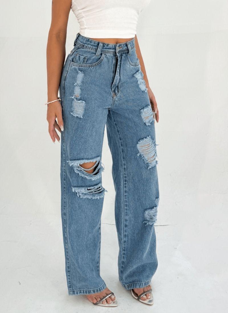 Calça Jeans Feminina Pantalona Wide Leg Destroyed