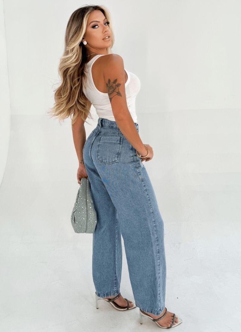 Calça Jeans Feminina Wide Leg Destroyed