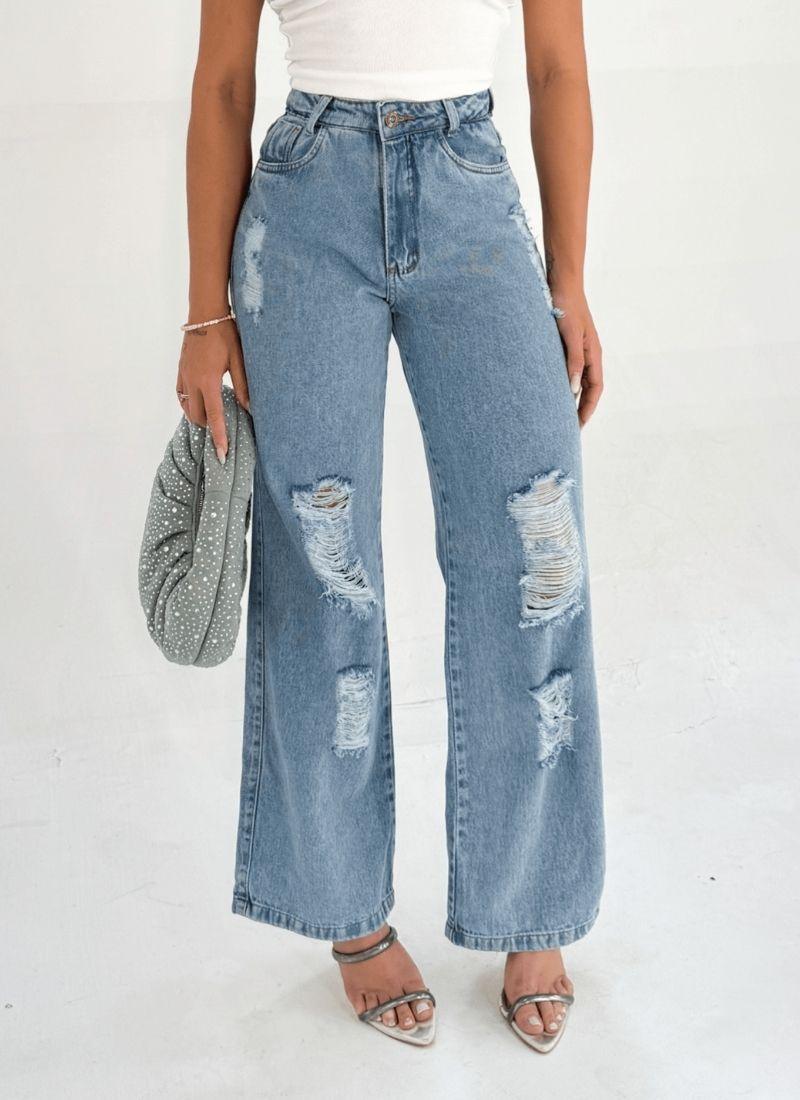 Calça Jeans Feminina Wide Leg Destroyed